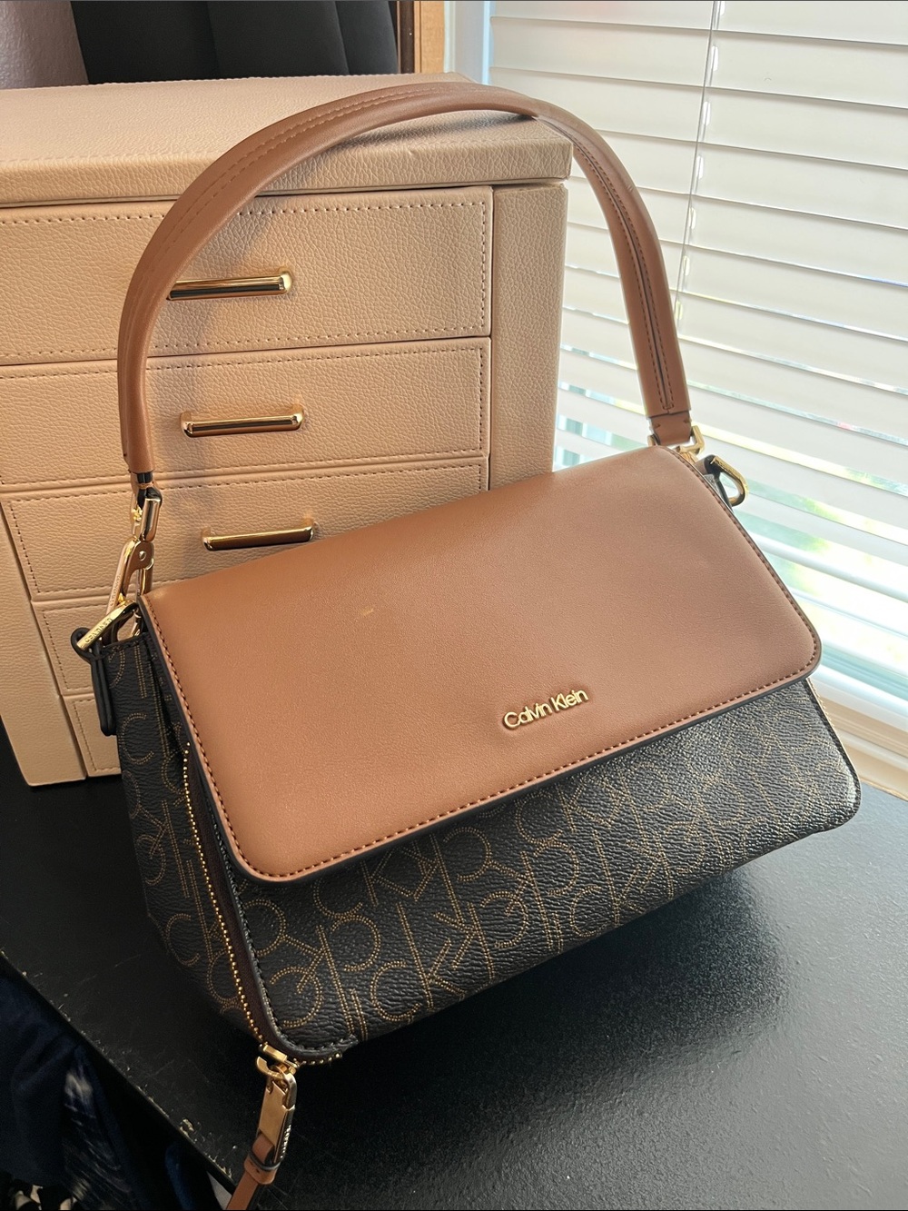 Calvin Klein Brown Logo-Print Flap Shoulder Bag